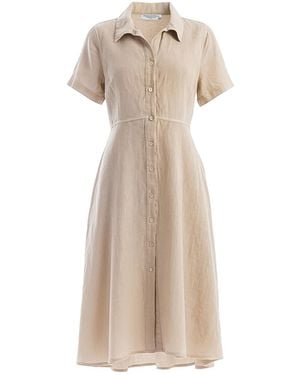 Haris Cotton Neutrals Midi Linen Short Sleeve Button Front Shirt-Dress - Natural