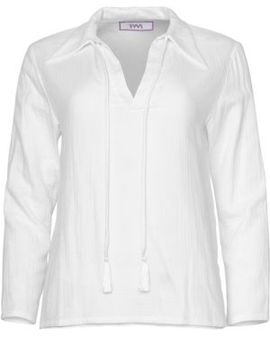 Tiger and the Monkey The Donna Triple Cotton Gauze V Neck Collar Shirt With Tassels - White