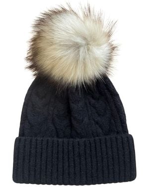 Hortons England Celtic Knit Wool Beanie Faux Fur Pom Pom - Blue