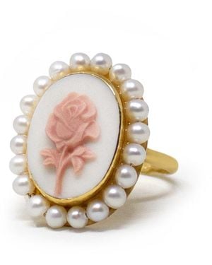 Vintouch Italy Plated Rose Cameo And Pearl Stacking Ring - Pink
