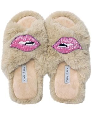 Yomisma Neutrals Global Recycled Faux Fur Slippers With Hand Beaded Lips Brooches - Pink