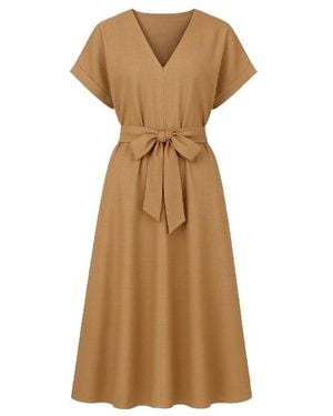 Conquista Linen Style Belted Midi Dress - Natural