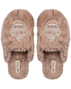 Rettrose Neutrals Finley Mink Luxury Plush Diamanté Embellished Handmade Slipper - Natural