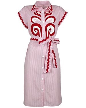 Lalipop Design Pinstripe Cotton Shirtdress With Paisley Embroidery - Pink