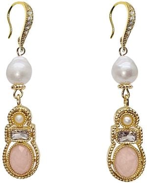 Farra Bohemian Rose Quartz & Freshwater Pearl Drop Earrings - Metallic