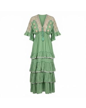 Tantra Spain Sl Maxi Dress With Crochet Embroidery And Mirror Details, Ruffles, Three-Quarter Sleeves - Green