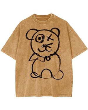 X Ilona Blue Neutrals Universal Fit Graffiti Teddy Bear Vintage Wash Cotton Tee Mocha - Natural