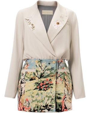 Rondooz Hand Painted Crepe Wrap Midi Dress With Antique French Gobelin Tapestry & Hand Applied Embellishment - White