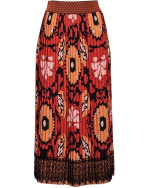 Lalipop Design Maxi Pleated Skirt With Guipure Lace At The Hem - Red