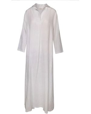 Haris Cotton Maxi Curve Linen Dress With Front Pleat And Lapels - White
