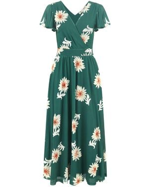 Yumi' Mesh Flower Wrap Midi Dress With Pockets - Green