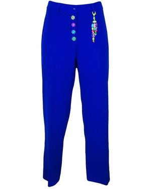 Lalipop Design Flower Embroidered Cropped Sax Trousers - Blue