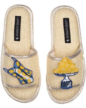 Laines London Straw Braided Sandals With Mediterranean Swimming Costume & Lemons Brooches - Metallic