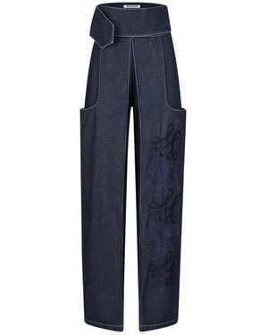 Merlenne Denim Cowboy Trousers With Embroidery - Blue