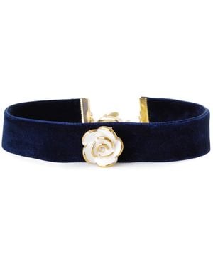 POPORCELAIN Golden White Cloud Rose Navy Velvet Choker - Blue