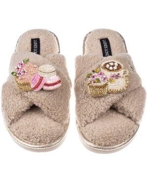 Laines London Neutrals Neutral Boucle Slippers With Macaroon Brooches - Brown