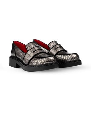 Rosamund Muir London Stratford Pewter Metallic Crocodile Print Loafers - Black