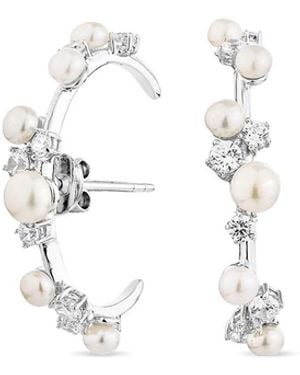 SALLY SKOUFIS Eclipse Earrings With Natural Pearls & Made Cz Diamond Stimulant - White