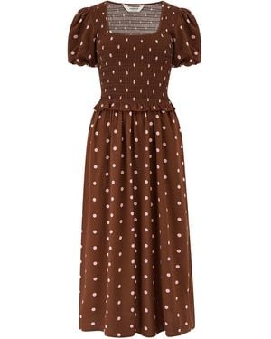 Sugarhill Lyra Shirred Midi Dress, Polka - Brown