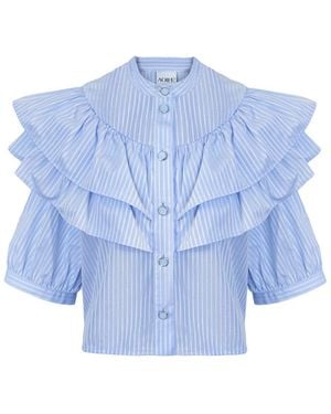 AOIFE Short Sleeve Ruched Cotton Silk Blouse - Blue