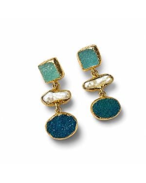 By Ozge Mediterranean Pearl & Aqua Druzy Drop Earrings - Green