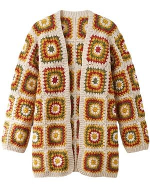 Ana Chic Cream Floral Handmade Crochet Longline Cardigan - Brown