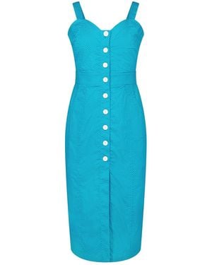 Deer You Queenie Sweetheart High Waisted Dress In Teal Pin Spot - Blue
