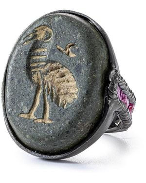 German Kabirski Thoth Ring With Ancient Near Eastern Steatite Ibis Amulet And Rough Ruby - Gray