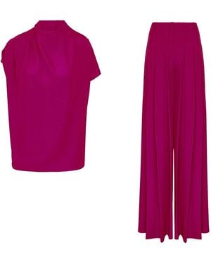 BLUZAT Fucsia Draped Top And Pleated Pants Set - Purple