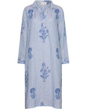 NoLoGo-chic Tourist Hand Printed Stripe Linen Tunic Dress - Blue