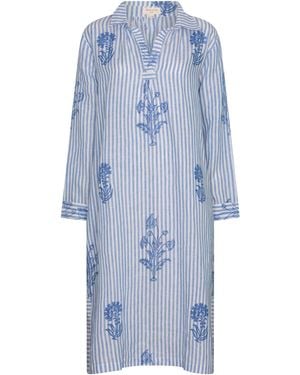 NoLoGo-chic Tourist Hand Printed Stripe Linen Tunic Dress - Blue