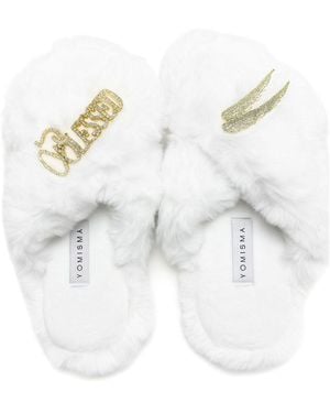 Yomisma Eco Faux Fur Slippers – Recycled Faux Fur + "Blessed + Angel Wing" Embellishment - White