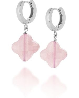 Nellou Jewellery Clover Gem Hoop Earrings Rose Quartz Sterling - Pink