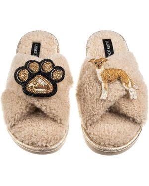 Laines London Neutrals Boucle Slippers With Paw & Fawn & Italian Greyhound Brooches - Natural