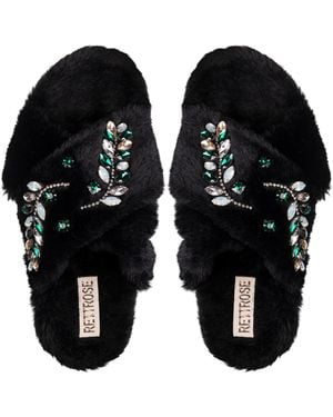 Rettrose Thea Luxury Plush Diamanté Embellished Handmade Slipper - Black