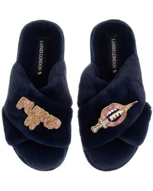 Laines London Classic Laines Slippers With Plump It Pout Brooches - Blue