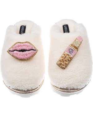 Laines London Faux Fur Closed-Toe Slippers With Brooches - Pink