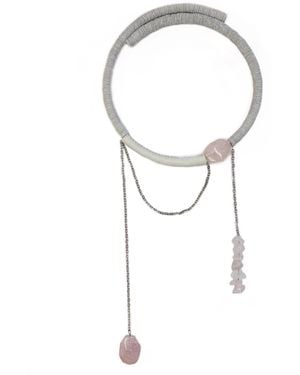 WAIWAI Leather Choker With Rose Quartz And Chain Detail - White