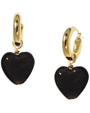 I'MMANY LONDON Whisper Of Heart Chunky Golden Hoop Earrings With Detachable Glass Heart Charm, Opaque - Black