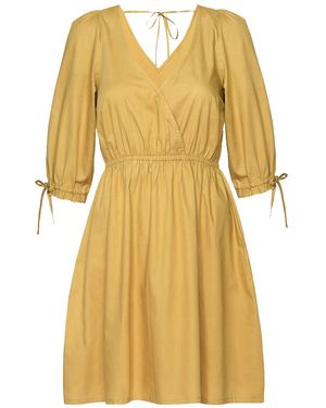 REISTOR Gathered Elbow Sleeve Short Cotton Dress - Yellow