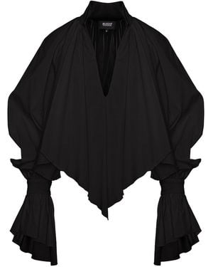 BLUZAT Oversized Shirt With High Collar And Balloon Sleeves - Black