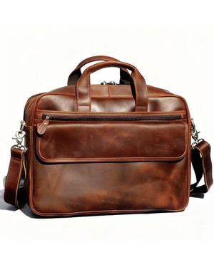 Touri Genuine Leather Briefcase With Large Front Pockets - Brown