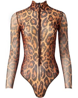 Rodasoleil Smart Swimwear Tan-Through Mesh One-Piece Zipper Swimsuit With Sleeves Leopard - Brown