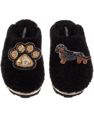 Laines London Teddy Closed Toe Slippers With Paw & Dapple Dachshund Brooches - Black