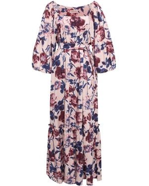 CHILLAZ Puff Sleeve Rose Linen Maxi Dress - Red