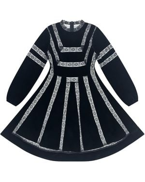 Roch Perel Velvet Lace Patchork Flare Dress - Blue