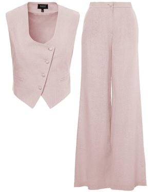 BLUZAT Pastel Linen Suit With Cut-Out Vest And Straight-Cut Pants - Pink