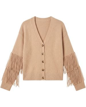 Brodie Cashmere Neutrals Cable Fringe Cardi - Natural