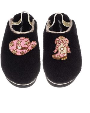 Laines London Flatform Cloud Closed Toe Slippers With Cowgirl Hat & Cowgirl Boots Brooches - Black