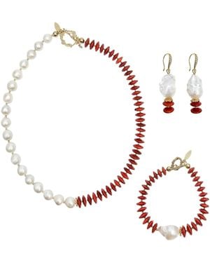 Farra Bamboo Coral With Freshwater Pearls Necklace Set - Red